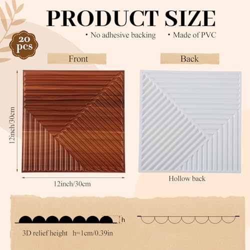 Hahafelt 20 Pack 3D Fluted Wall Panels, 12'' x 12'' Cover 20 Sq. ft, Waterproof PVC Textured Wood Grain Slat Tiles for Interior Wall Ceiling TV Background Living Room Bedroom Office Lobby Home Decor
