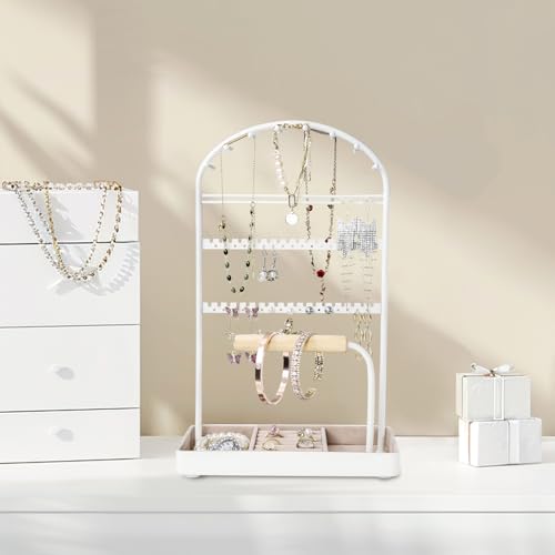 Saydear Multi-Functional Jewelry Holder Organizer Necklace Display Stand Velvet Lined Bar for Rings 2 Tier with 18 Hooks, 32 Earring Holes - Sturdy and Durable, Easy Organization White - color: White V1.0