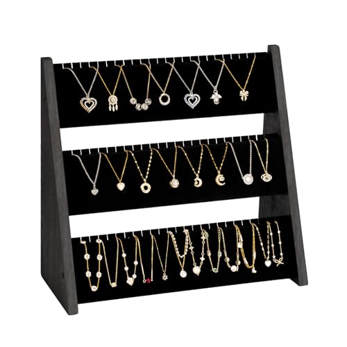 Necklace Organizer, 3-Tier Necklace Holder Jewelry Organizer Stand with Velvet, Wood Necklace Jewelry Display Stand, Necklace Display Stands for Selling 72 Necklaces Bracelets (Black) - color: Black and Black, size: 1 Pack