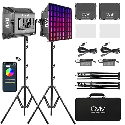 GVM RGB Photography Lighting Kits with 2 Softboxes, 880RS 60W Studio Lights with Bluetooth Control, 2 Packs Video Light with 18 Lighting Scenes, led Panel Lights for Video Recording, 8330lux/0.5M - size: 2 Packs with Softbox