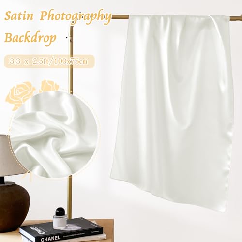 RUDONG M Satin Photography Backdrop 3.3x2.5ft - Wrinkle-Free Silky Fabric Background for Jewelry/Cosmetics/Flat Lay/Studio, White Backdrop Cloth (100x75cm) - color: White