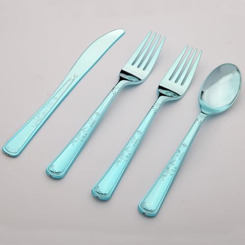 180 Pack Disposable Light Blue Plastic Silverware Contain 60 Forks,60 Spoons,60 Knives, Solid and Durable Plastic Cutlery Utensils Set Perfect for Parties,weddings. - color: Light Blue