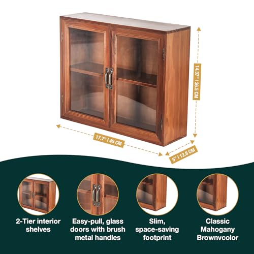Cosmetics Display Cabinet with Clear Doors - 2-Level Wooden Tabletop Shelf Storage for Makeup, Perfumes, Skincare - Mahogany Wood Vanity Shelf Display Case - Mini Kitchen Cupboard