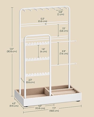 SONGMICS Necklace Holder, Jewelry Stand Holder Organizer, Jewelry Display with Metal Frame, Velvet Tray, Earring Bracelet Holder, for Gift Idea, 4.5 x 7.7 x 12.1 inch, Matte White UJJS021W01 - color: Matte White, size: 4.5"D x 7.7"W x 12.1"H