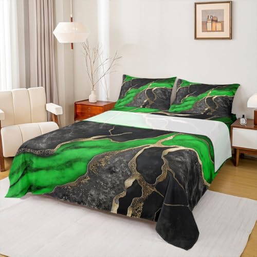 Erosebridal Black Green Marble Bed Sheets Full Size for Kids Boys Teens - Marble Minimalist Design Flat Fitted Sheet Abstract Metallic Texture Sheet Set Marbling Crack Sheets - color: Black Green, size: Full