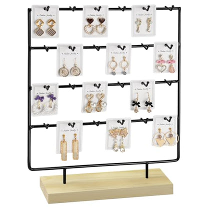 Earring Display Stand for Selling, 4 Tier Wooden Base Earring Rack Tower Display Holder Stand (24 Hooks, Black) - color: Black