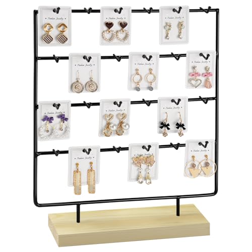 Earring Display Stand for Selling, 4 Tier Wooden Base Earring Rack Tower Display Holder Stand (24 Hooks, Black) - color: Black
