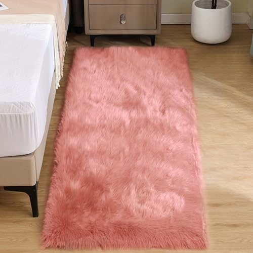 Goolela Pink Fluffy Fuzzy Furry Runner Rug 2X6 Light Pink Faux Sheepskin Fur Rug for Girls Bedroom Bedside Rug Plush Shaggy Washable Rectangle - color: Light Pink, size: 2' x 6' (Rectangular)