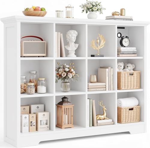 Aheaplus Wooden 12-Cube Storage Organizer with Charging Ports, Modern Cube Bookcase with Base, 4-Tier Floor Standing Open Cubbies Bookshelf, Cubicle Display Shelf for Home and Office, White - color: White, size: 12-Cube