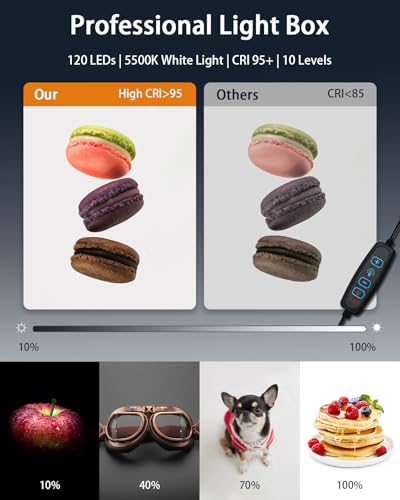 DUCLUS Light Box Photography, 12"x12" Photo Booth Box with 120 LED Lights Dimmable & CRI＞95, Portable Lightbox with 8 Backdrops for Mini Product Photography: Jewelry, Cards, Watches - size: 12*12 Inch