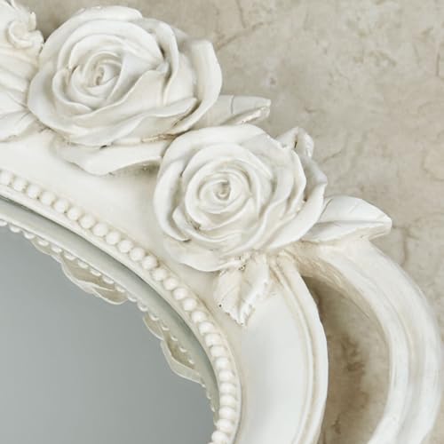 Elegant Rose Melody Mirrored Oval Vanity Tray | Handpainted Rose Flowers Florals Bloom Blossoms Vines | Antique White | Charming Sophisticated