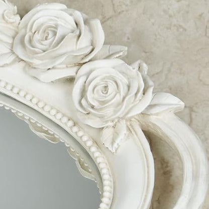 Elegant Rose Melody Mirrored Oval Vanity Tray | Handpainted Rose Flowers Florals Bloom Blossoms Vines | Antique White | Charming Sophisticated