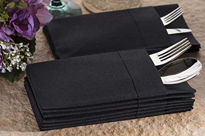 Moyes Home Black Disposable Dinner Napkins with Pocket - Linen-Feel Pre-Folded Cloth-Like Paper Napkins for Silverware, Weddings, Dinner Parties, 16x16 in, Pack of 50 - color: Black