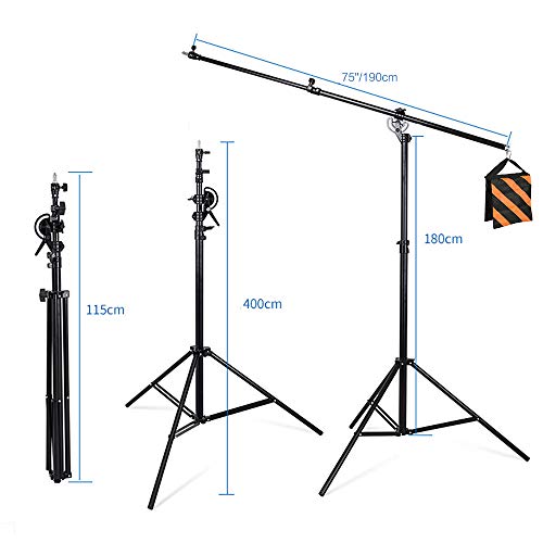 Max 13.2ft/400cm Two Way Adjustable Photo Studio Light Stand with 6.2ft/190cm Boom Arm and Sandbag, Aluminum Alloy Rotable Tripod for Studio Outdoor Photography Portrait Video