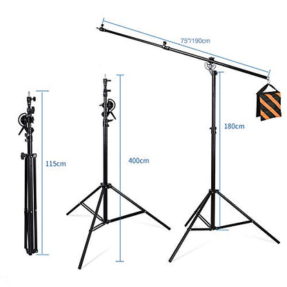 Max 13.2ft/400cm Two Way Adjustable Photo Studio Light Stand with 6.2ft/190cm Boom Arm and Sandbag, Aluminum Alloy Rotable Tripod for Studio Outdoor Photography Portrait Video