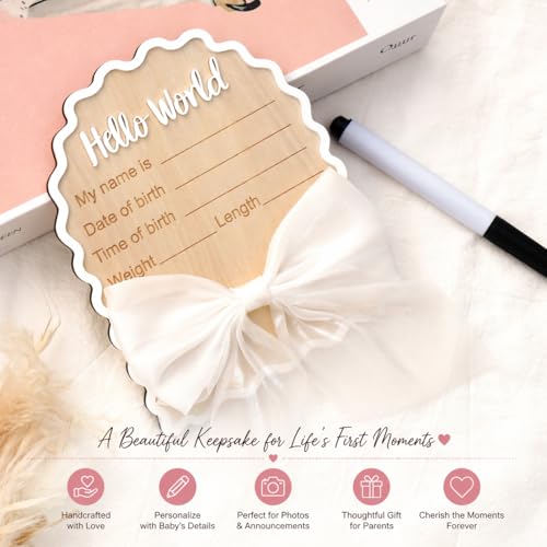 Wonhibo Newborn Announcement Sign - Baby Hospital Photo Prop Wooden Board Card with White Bow Hello World - color: White Bow