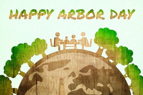 BELECO 10x8ft Fabric Happy Arbor Day Backdrop Wood Earth Shape with Family Among Green Trees Background Arbor Day Party Decorations Photo Booth Shoot Studio Props - size: 10x8FT