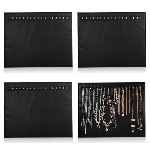 4 Pcs Black Jewelry Display Stands, Leather Necklace Organizer Boards with 17 Hooks for Selling, Shop Store Showcase, Chain Pendant Bracelet Storage