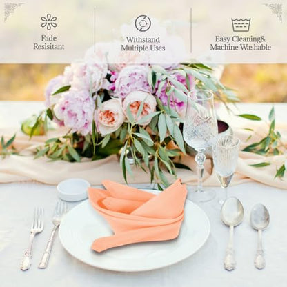 PLOYMONO Peach Heavy Duty Cloth Napkins - 17 x 17 Inch Solid Washable Polyester Dinner Napkins - Set of 8 Napkins with Hemmed Edges - Great for Weddings, Parties, Banquets Dinner & More - color: Peach