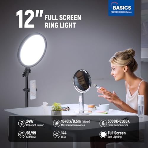 NEEWER Basics 12" 24W Large Ring Light with 68" Stand/Phone Holder/Remote for iPhone Video Recording Selfie Streaming Makeup Studio Photography, 3000K-6500K CRI98 Full Screen LED Panel Lighting, BR13 - style: BR13