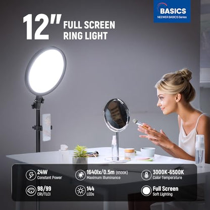 NEEWER Basics 12" 24W Large Ring Light with 68" Stand/Phone Holder/Remote for iPhone Video Recording Selfie Streaming Makeup Studio Photography, 3000K-6500K CRI98 Full Screen LED Panel Lighting, BR13 - style: BR13