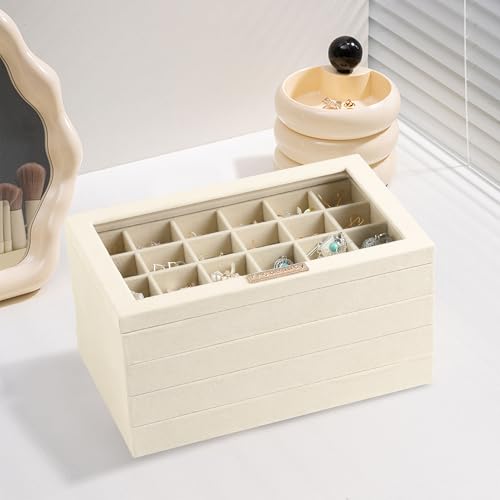 Frebeauty Earring Holder Stackable Jewelry Trays,Velvet Drawer Jewelry Organizer with Glass Lid, 5 in 1 Jewelry Box for Earrings Rings Studs,10.5 x 6.5 x 5.55 Inches Gift for Women (Beige) - color: Beige, size: Set5-b