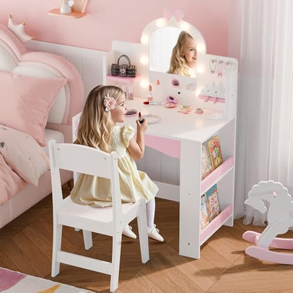 MU Kids Vanity with Lights, Princess Makeup Vanity Table and Chair Set for Girls, Toddler Vanity Desk with Open Bookshelf, Storage Cabinet & Shelves, Stools, White - color: White