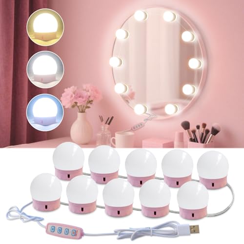 Led Vanity Mirror Lights, Vanity Lights for Makeup Dressing Mirror Lighting,10 Dimmable Bulbs,Adjustable Light Color & Brightness,USB Cable - color: Pink