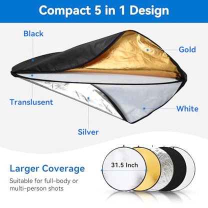 UTEBIT 31 Inch (80cm) Light Reflector Stand Kit Diffuser 5 in 1 Collapsible Multi Disc with Bag, 48 Inch Light Stand, Photography Reflector Holder-Translucent/Silver/Gold/White/Black - size: 31x31 Inch
