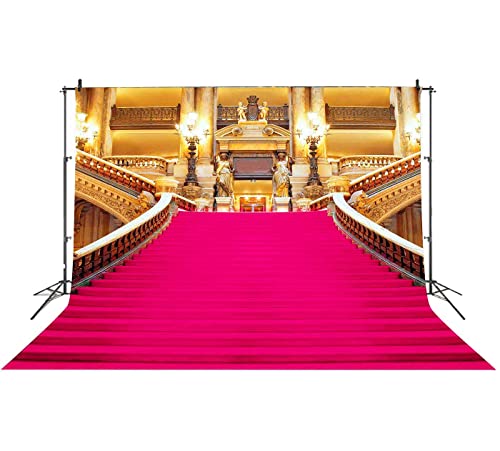Pink Carpet Stairs Backdrop, Royal Themed Birthday Party Photo Backdrop Vinyl 7x5ft Golden Palace Gorgeous European Hall Bridal Shower Banner BJXTGU84 - color: Pink, size: 7x5ft