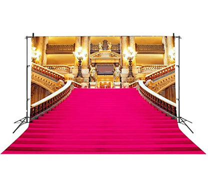 Pink Carpet Stairs Backdrop, Royal Themed Birthday Party Photo Backdrop Vinyl 7x5ft Golden Palace Gorgeous European Hall Bridal Shower Banner BJXTGU84 - color: Pink, size: 7x5ft