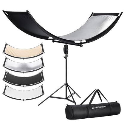 K&F CONCEPT U-Shape Reflector Curved Reflector 180x60cm with 4-in-1 Reflective Fabric, Black/Gold/White/Silver, with 1.9m Stand, with Storage Bag, for Photography Studios - size: 70.8*23.6inch