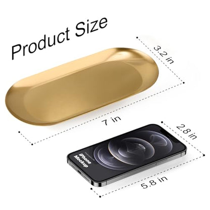 Vaincre Gold Decorative Jewelry Tray - 2PCS Stainless Steel Oval Trinket Ring Holder Dish, 7” Small Bathroom Vanity Kitchen Jewelry Plate Tray Decor for Storing Perfumes, Cosmetics, Candles, Key