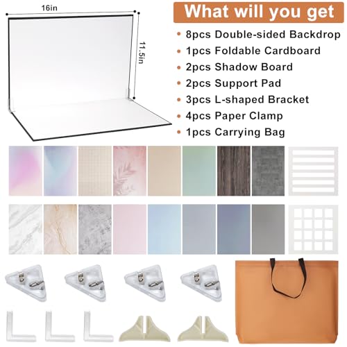 Product Photography Backdrops with Shadow Boards, 8Pcs 16 Curated Patterns Photography Prop Kit, Portable Small Photo Backdrop Board and PVC-Coated UGC Backdrops for Food Jewelry Mini Items, 16x11.5in