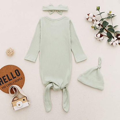Newborn Cotton Nightgowns Neutral Baby Knotted Sleeper Baby Coming Home Outfit - color: Light Green