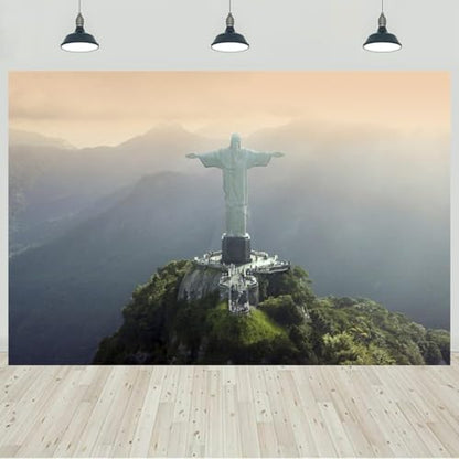 15x8ft Christ The Redeemer Backdrop Famous Place in Rio de Janeiro Brazil Historical Architecture Photography Background Holiday Vacation Travel Party Decorations Photo Studio Props - size: 15x8ft