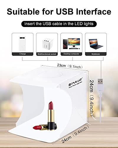 Photo Studio Box with LED Light, PULUZ 20cm Mini Portable Photography Lighting Tent Kit, White Foldable Shooting Softbox with 2x20 Lights + 6 Backdrops for Product Display - size: 9*9 Inch - C