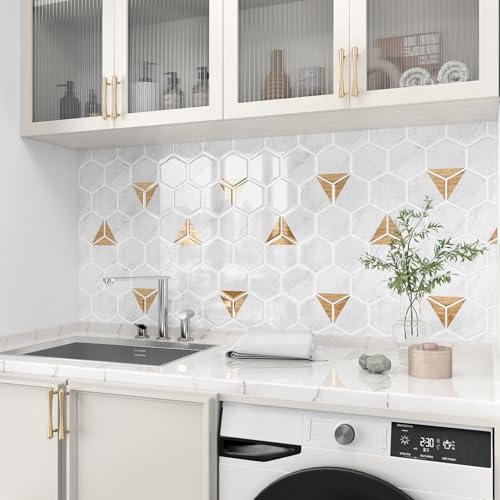 WESTICK White Gold Marble Back Splash Stick on Tiles for Kitchen Hexagon Peel and Stick Backsplash Tile Waterproof Bathroom Vinyl Backsplash Panels for Laundry Room Wall RV 10 Pack 12" x 12" - color: 9.Gold white
