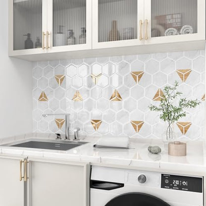 WESTICK White Gold Marble Back Splash Stick on Tiles for Kitchen Hexagon Peel and Stick Backsplash Tile Waterproof Bathroom Vinyl Backsplash Panels for Laundry Room Wall RV 10 Pack 12" x 12" - color: 9.Gold white