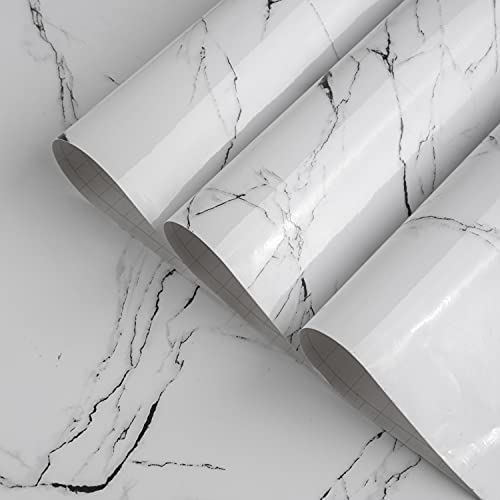 TOTIO 31.5x157inch Extra Wide Black White Marble Wallpaper Glossy Thicken Self-adhesive Furniture Stickers Granite Look Wall Sticker Peel Stick Countertop Waterproof Contact Paper for Kitchen Bathroom - color: White, size: 31.5" x 157"