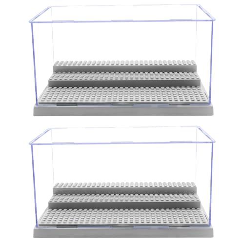 WMM Minifigure Display Case for Action Figures Blocks, Dustproof Acrylic Display Box Storage with 3 Movable Steps for Collection Models Minifigures, Bricks Blocks Toys - color: Grey, size: Large 2 Pack