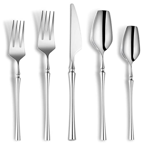 Lemeya 20-Piece Silverware Set for 4,Modern 18/10 Stainless Steel Flatware Set,Unique Rustic Cutlery Utensils Set,Spoon and Fork Set for Home, Restaurant,Wedding,Mirror Polished,Dishwasher Safe - color: Silver 20 Pieces Set with Dessert Spoon