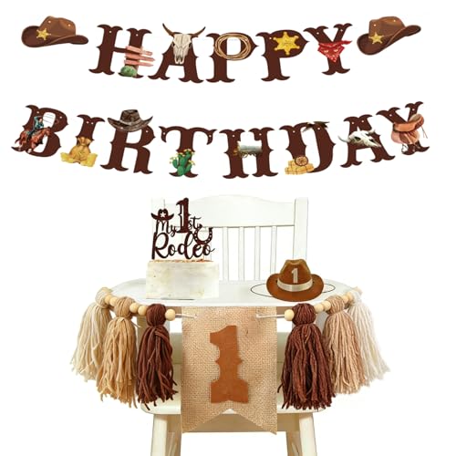 Western Cowboy 1st Birthday Decorations Boy-My First Rodeo Felt Birthday Banner Western Rodeo First Birthday High Chair Banner With Rodeo Cake Topper & Cowboy Hat，Cowboy First Birthday Decorations - color: Cowboy