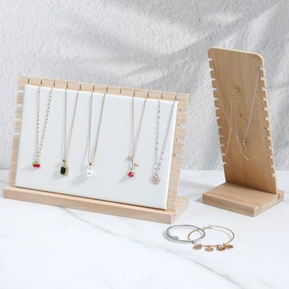3 Pcs Necklace Display Stands for Selling, Bamboo Necklace Holder with PU Leather Panel Beige Multi-Tiered Jewelry Display Storage Set for Vendors and Home (11.8x7.9x3.3 Inch/10.6x3.9x3.7 Inch)
