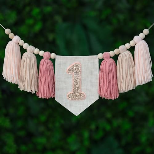 Handmade Boho Pink One High Chair Banner Girl for First Birthday Decorations Wall Hangings Wood Bead Tassel Garland 1st Party Decorations Cake Smash Photo Props - color: orange pink
