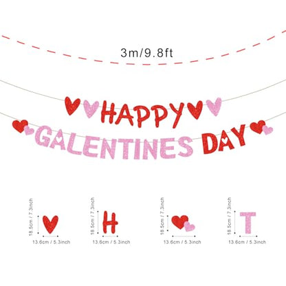 Happy Galentine’s Day Decorations Pre-Assembled Red Glittery Heart Banner Valentines Day Sign Ladies Girls Birthday Party Photo Prop Supplies