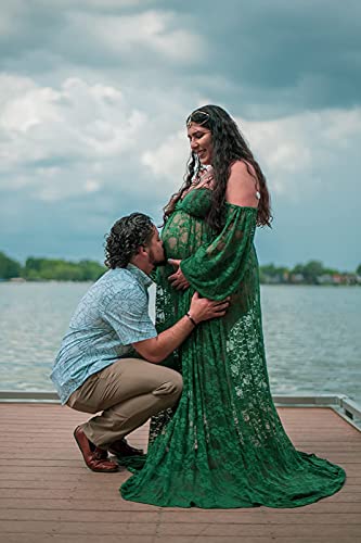 Saslax Soft Stretchy Lace Off Shoulder Doubly Split A-line Skirt Maternity Dress Pregnancy Maxi Gown for Photoshoot - color: Green, size: X-Large