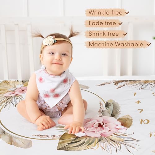 Chumia 6 Pcs Baby Monthly Milestone Blanket for Girl 60" x 40" Butterfly Milestone Blanket Age Photo Photography Backdrop with Newborn Calendar Growth Chart Bib Headband(Beigh,Boho Pattern) - color: Beigh