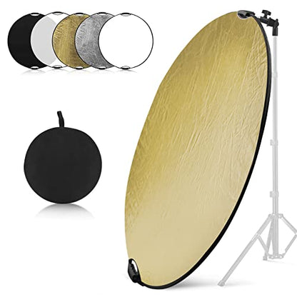 Wellmaking 43Inch/110cm Photography Light Reflector, Portable Foldable 5 in 1 Diffuser Reflectors with Bag & tilt Adapter for Studio & Outdoor Lighting-Translucent, Silver, Gold, White and Black - size: 43 Inch (110cm)