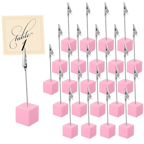 24 Pack Wooden Cube Memo Holders with Alligator Clips – Base Memo Clip Holde Table Number Stands, Place Card & Photo Display Clips for Wedding Reception, Event, Office Desk, Party Decor (Pink) - color: Pink